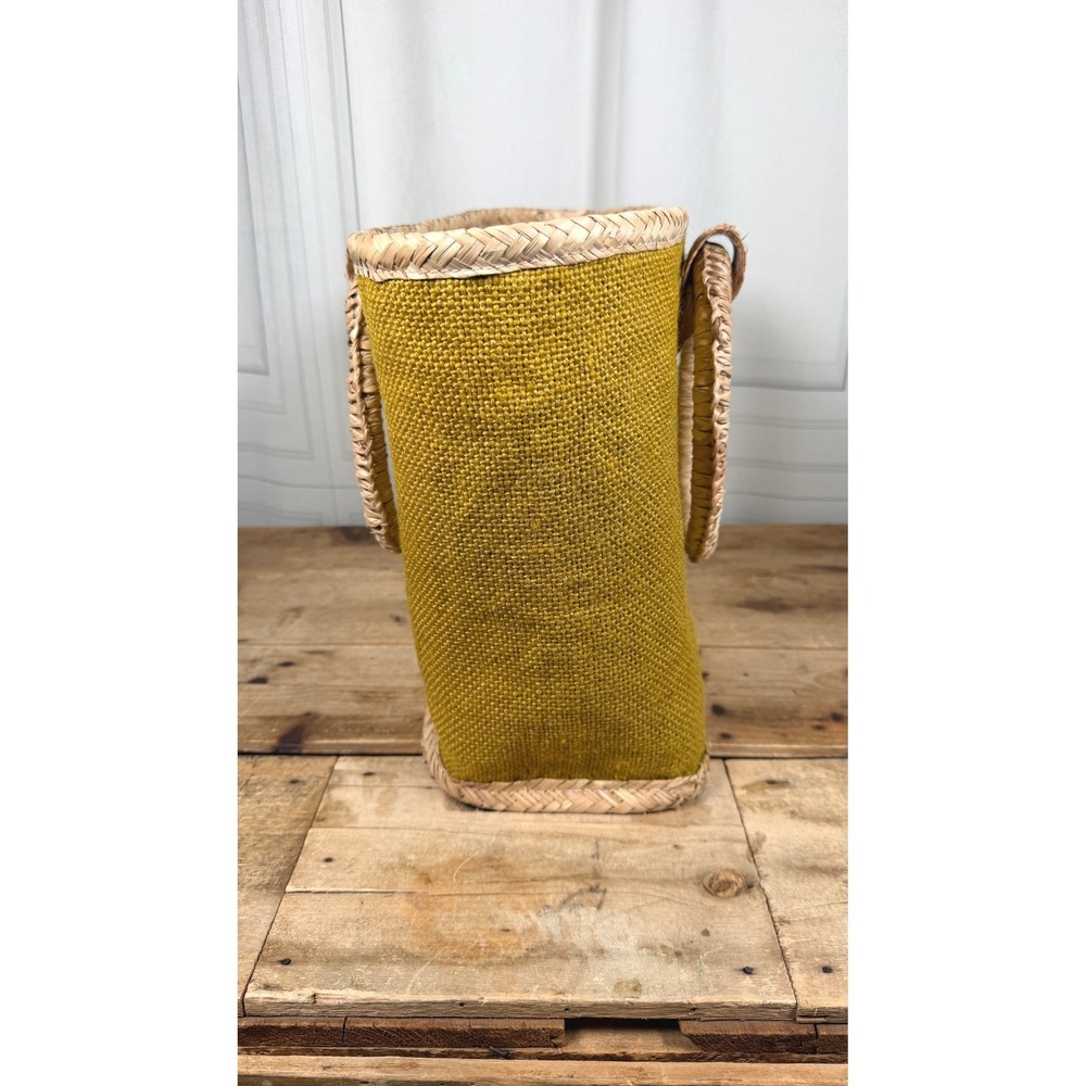 Retro Chartreuse Woven Straw & Burlap Basket Tote - Picture 6 of 15
